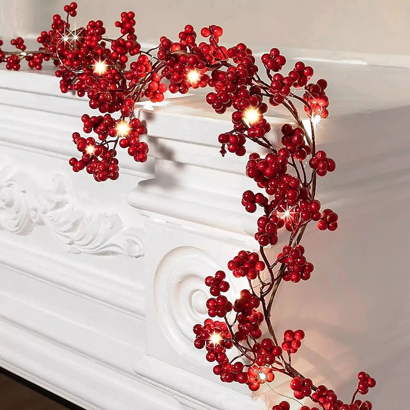 Christmas Wreath Light Simulation Red Fruit Cane Fairy String Lights 1.9m 20LEDs Battery Powered Xmas New Year Party Holiday Wedding Home Garden Balcony Decoration