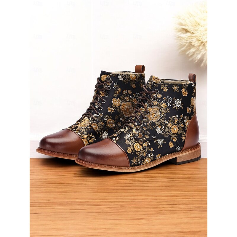 Women's Floral Print Lace-Up Ankle Boots – Retro Faux Leather and Jacquard Fabric Boots for Fall and Winter Casual Wear2