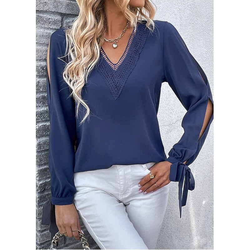 Women's Elegant Lace Tops Eyelet Blouse Stylish Modern Lace Hollow Out Long Sleeve Regular Tops V Neck Work Daily Romantic Petite Tops Summer Holiday Wear Blue Semi Formal Blouses3