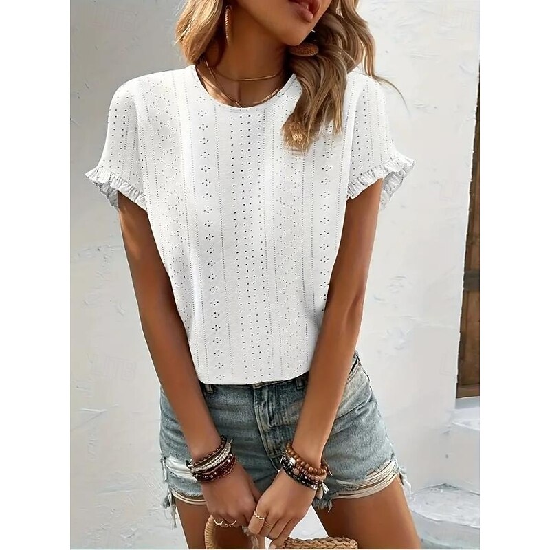 Women's T Shirt Casual Solid Color Ruffle Eyelet Short Sleeve Regular Tops Crew Neck Daily White Summer