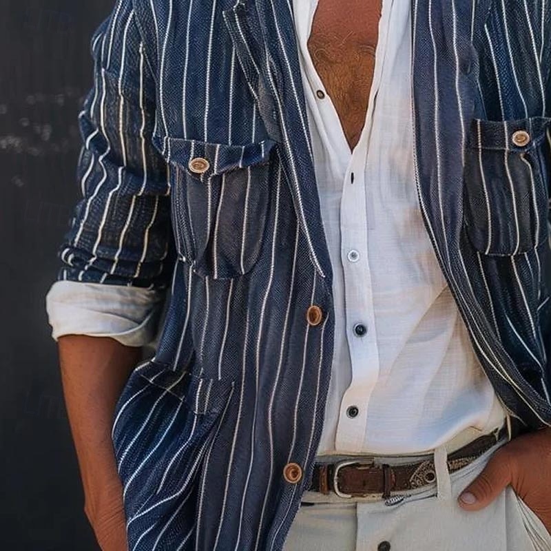 Men's Lightweight Jacket Shirt Jacket Casual Jacket Shacket Daily Vacation Breathable Pocket Spring &  Fall Striped Fashion Classic Lapel Regular Blue Jacket3