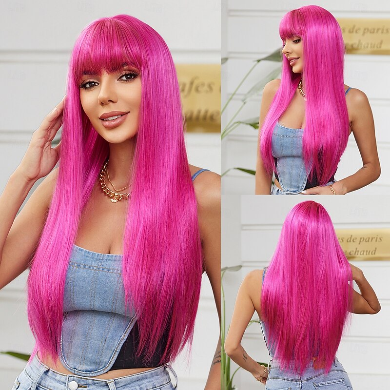Synthetic Wig kinky Straight Natural Straight Bob Neat Bang Machine Made Wig 28 inch Watermelon Red Synthetic Hair Women's Cute Middle Part Classic Red