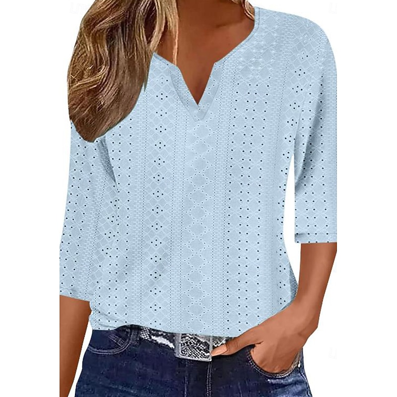 Women's Blouse Stylish Modern Hollow Out 3/4 Length Sleeve Regular Tops V Neck Work Daily Yellow Blue Purple Green Spring Fall3