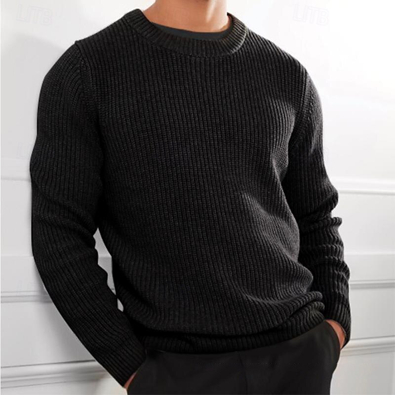 Men's Pullover Sweater Jumper Knit Sweater Ribbed Crochet Knit Regular Knitted Plain Crew Neck Fashion Basic Daily Wear Date Clothing Apparel Fall & Winter Black White S M L4