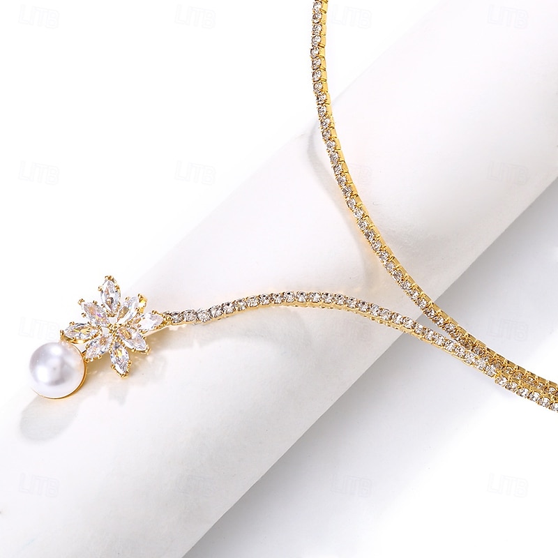 Women's Elegant Pearl Drop Necklace with Crystal-Embellished Floral Design - Luxury Formal Jewelry for Weddings, Galas, and Special Events4
