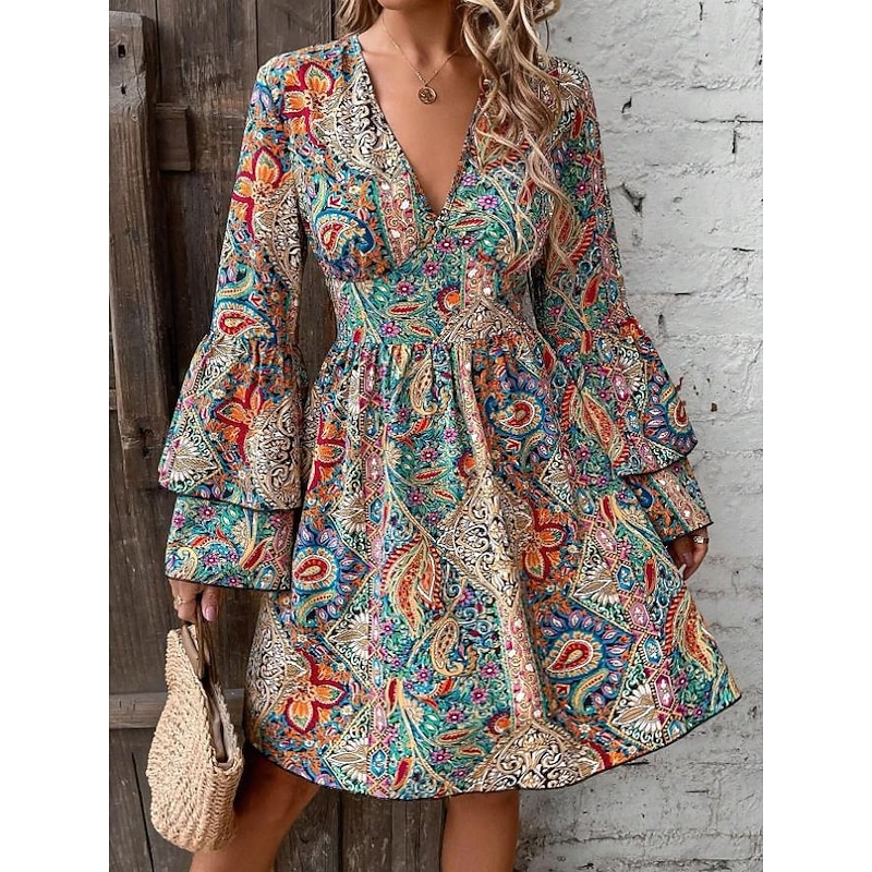 Women's Mini Dress Petite Dress Casual Dress Boho Dress Elegant Flared Sleeve Vacation Daily Date Loose Fit Graphic Long Sleeve V Neck Colourful Spring Fall2