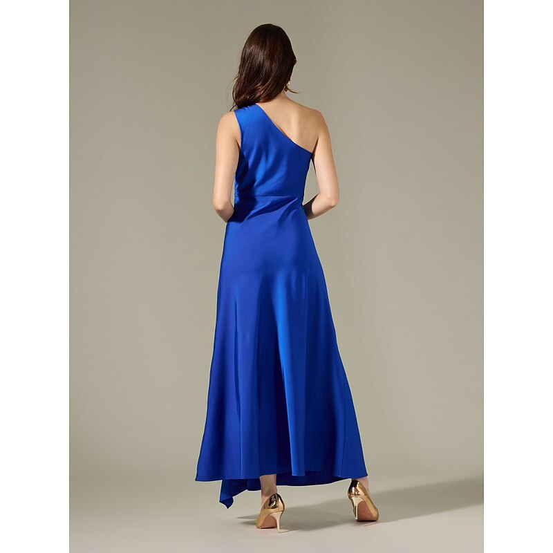 Satin Blue Sleeveless One Shoulder Ruffle Maxi Dress4