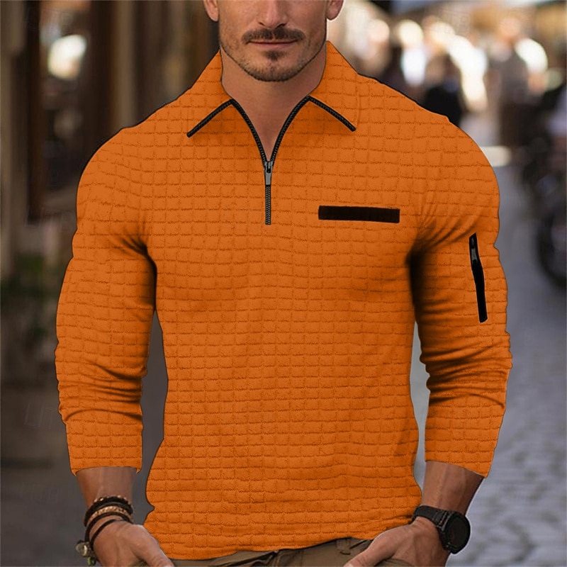 Men's Waffle Polo Shirt Quarter Zip Polo Daily Holiday Quarter Zip Long Sleeve Fashion Modern Plain Spring &  Fall Regular Fit Black White Navy Blue Orange Dark Gray Gray Waffle Polo Shirt