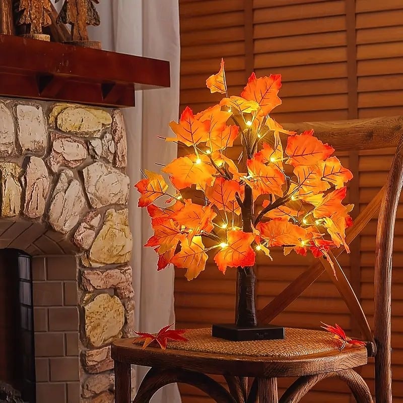 Thanksgiving Fall Maple Tree Lights 24LEDs Battery Powered Simulated Pumpkin Maple Leaf Lights for Holiday Home Parties Halloween Christmas Atmosphere Desktop Decoration (AA Batteries Excluded)3
