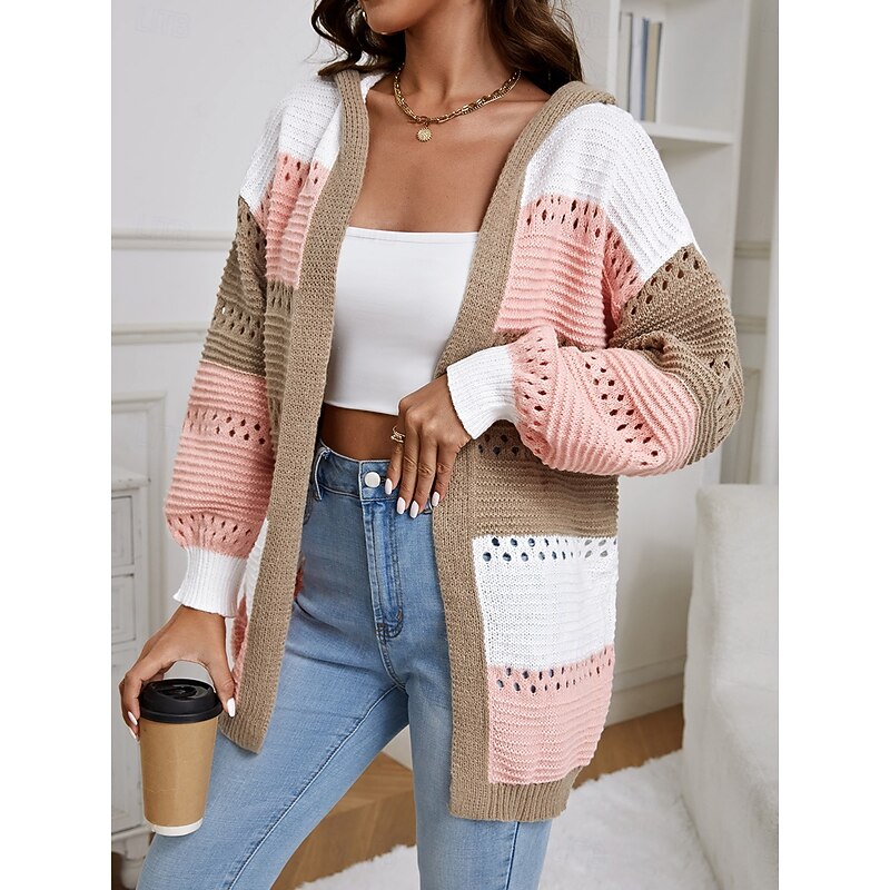 Women's Sweater Jacket Casual Sweater Casual Soft Color Block Crew Neck Hooded Lantern Sleeve Long Sleeve Regular Tops Knit Outdoor Daily Weekend Pink Fall Winter4