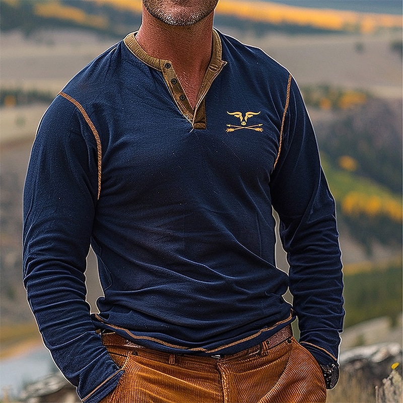 Men's Oktoberfest Cow Arrow Henley Shirt Long Sleeve 3D Printing Vacation Daily Street Casual Daily Winter Spring &  Fall Dark Blue Henley Henley T-Shirt