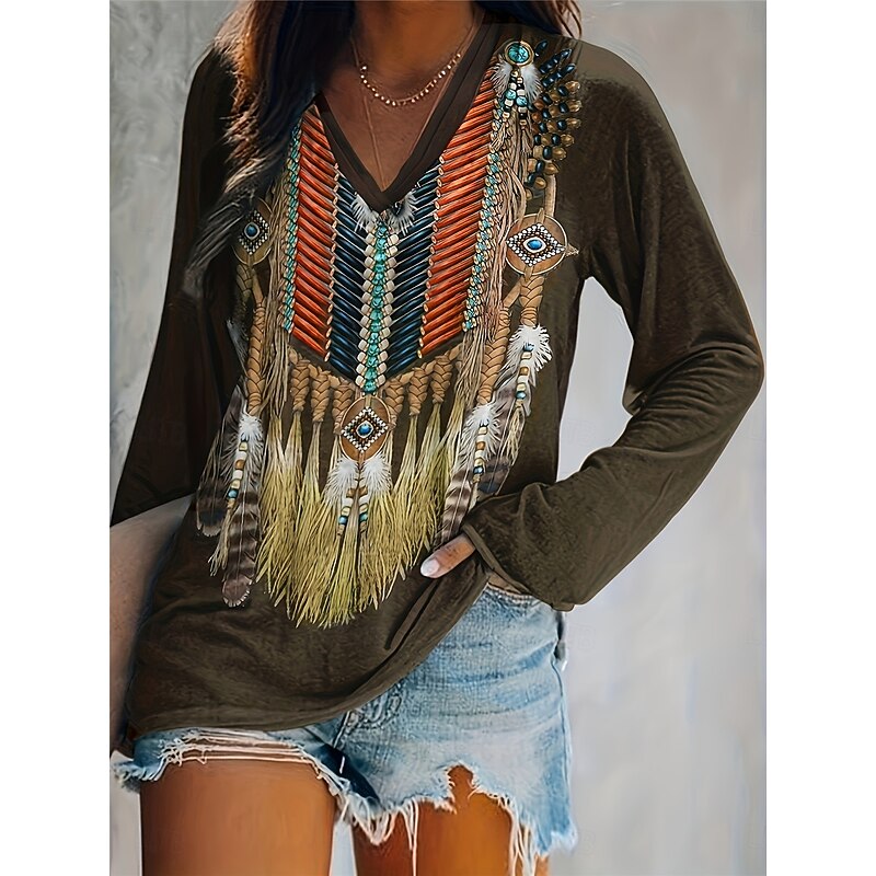 Women's T shirt Long Sleeve V Neck Long Sleeve Tunic Vintage Ethnic Print Regular Tops Vacation Army Green Spring Fall Prefall