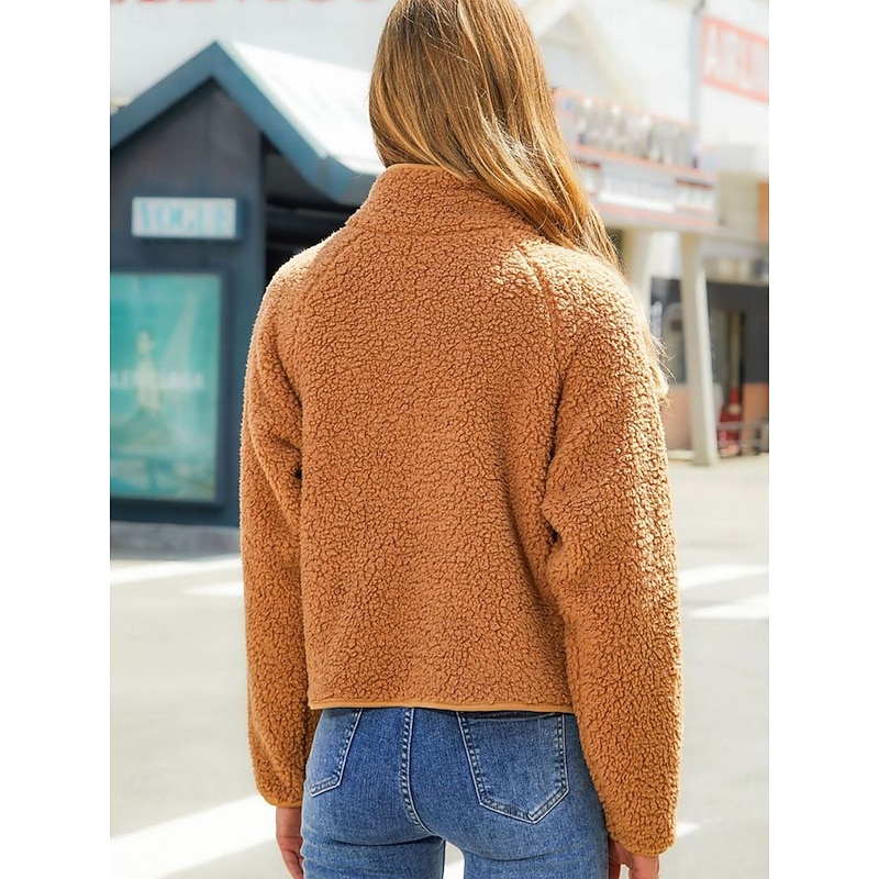 Women's Fleece Jacket Warm Zipper Fashion Modern Casual Plain Work Daily Wear Zipper Short Stand Collar Loose Fit Long Sleeve Outerwear Black White Red Fall Winter3
