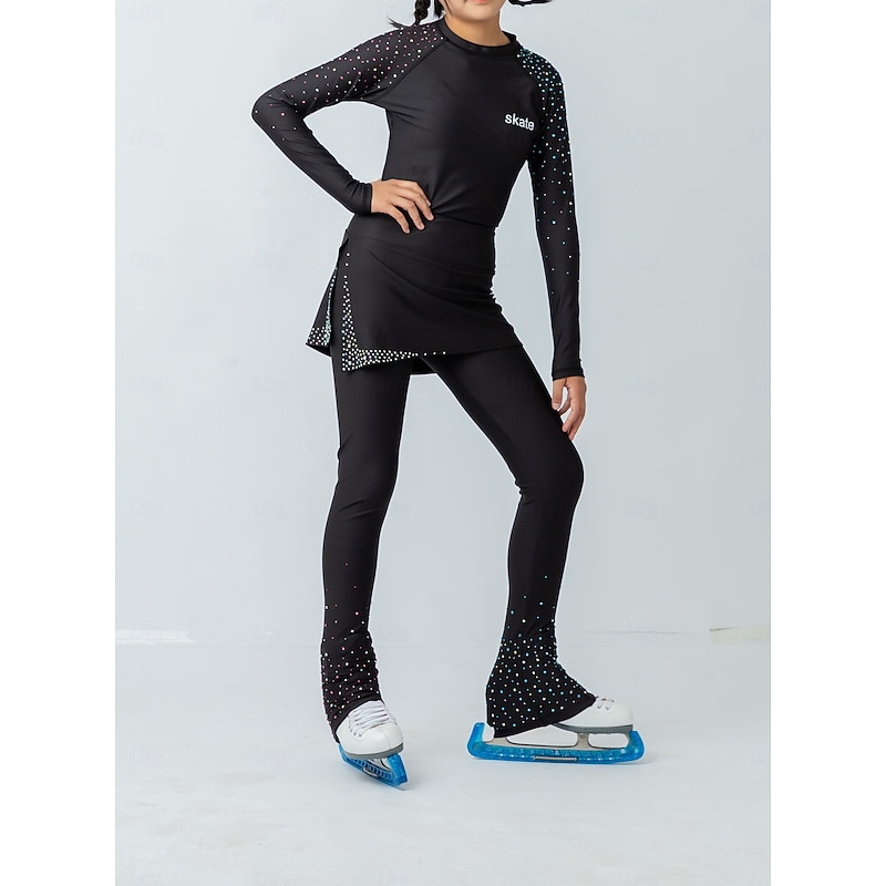 Figure Skating Pants Figure Skating Jacket with Pants Women's Girls' Ice Skating Jacket Tights Outfits Black Patchwork Thumbhole Spandex Stretchy Training Practice Professional Skating Wear Thermal2