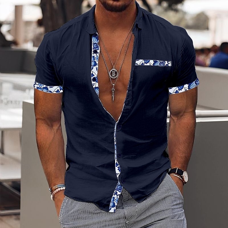 Men's Shirt Linen Shirt Summer Shirt Beach Wear Casual Shirt Button Up Shirt Color Block Vacation Curise Black White Pink Navy Blue Short Sleeve Lapel Summer Clothing Apparel Patchwork4
