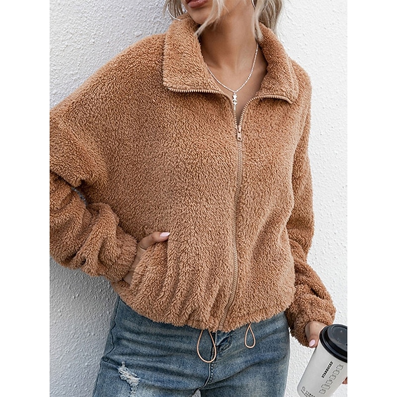 Women's Fleece Jacket Teddy Coat Warm Breathable Zipper Pocket Fleece Lined Casual Color Block Vacation Street Daily Wear Going out Zipper Turndown Regular Fit Long Sleeve Outerwear White Camel Dark