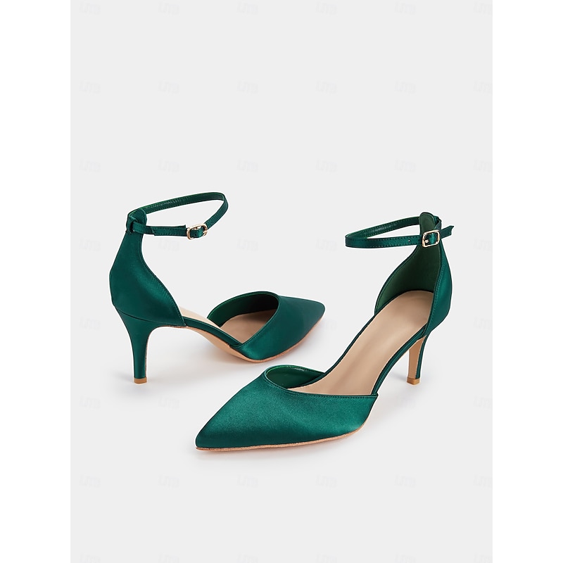 Women's Emerald Green Satin Ankle Strap Heels - Elegant Pointed-Toe Stiletto for Parties, Weddings, and Special Occasions4