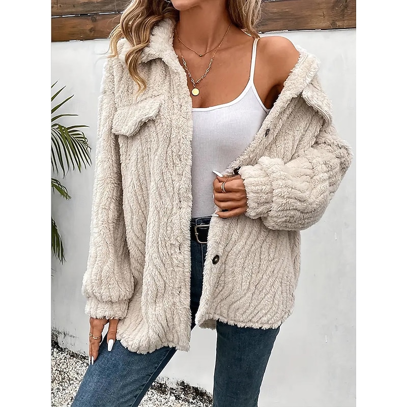 Women's Fleece Jacket Teddy Coat Warm Breathable Buttons Pocket Casual Plain Vacation Street Daily Wear Going out Cardigan Turndown Regular Fit Long Sleeve Outerwear Apricot Fall Winter4