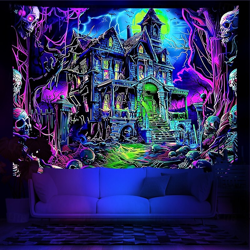 Halloween Decorations Blacklight Tapestry UV Reactive Glow in the Dark Glow Party Skulls Psychedelic Trippy Haunted House Hanging Tapestry Wall Art Mural for Living Room Bedroom
