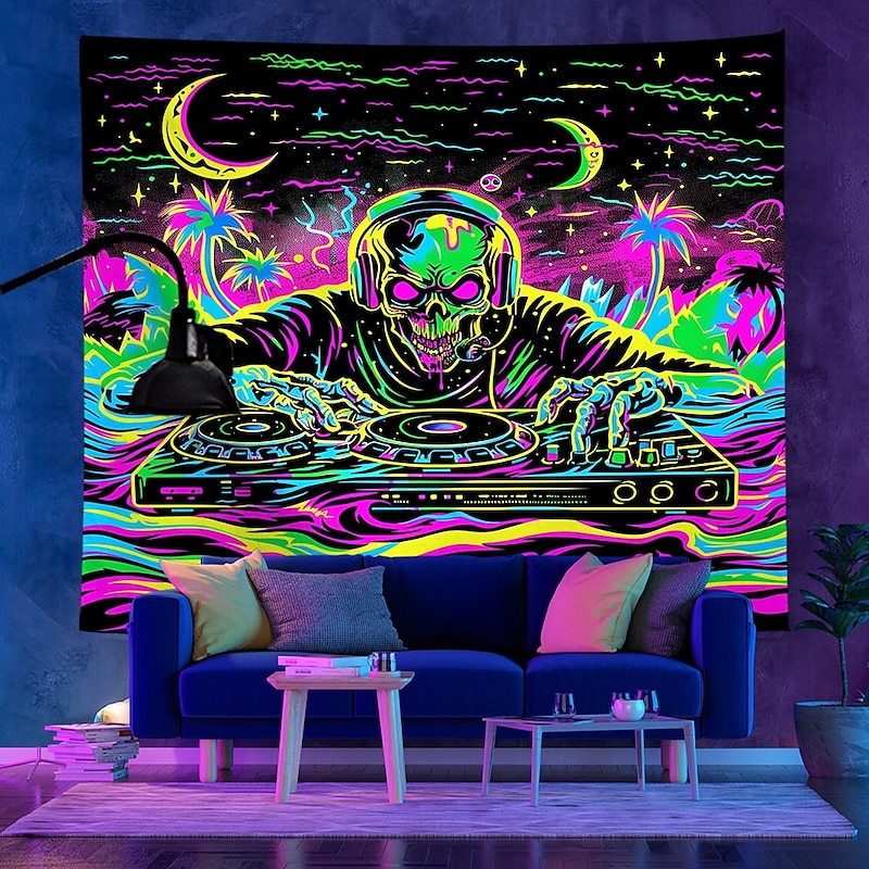 Halloween Blacklight Tapestry UV Reactive Glow in the Dark Glow Party Neon DJ Skulls Trippy Misty Hanging Tapestry Wall Art Mural for Living Room Bedroom2
