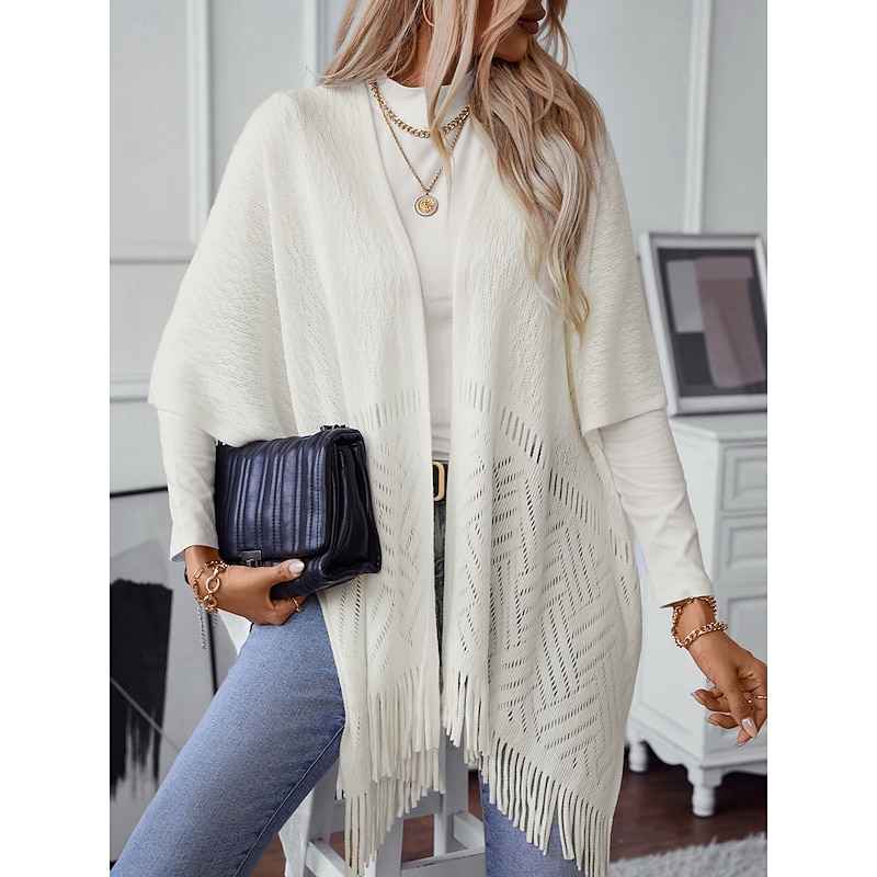 Women's Shrug Stylish Casual Solid Color Ribbed Open Front Tassel Knitted Sleeveless Regular Tops Knit Outdoor Daily White Khaki Fall Winter