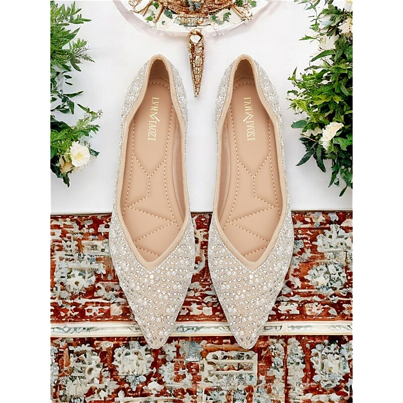 Women's Rhinestone Embellished Pointed Toe Flats - Elegant Slip-On Ballet Shoes for Weddings and Special Occasions