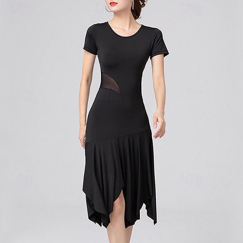 Latin Dance Dress Pure Color Splicing Women's Performance Training Short Sleeve High Polyester2