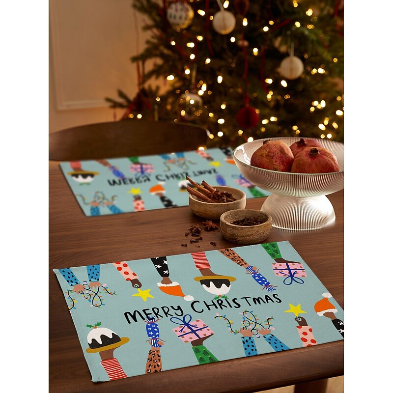 4pcs/set Merry Christmas Placemats – Cotton and Linen Seasonal Winter Xmas Table Mats for Outdoor Indoor Home Party Kitchen Dining Decor, 30x45cm (12x18 Inch)2