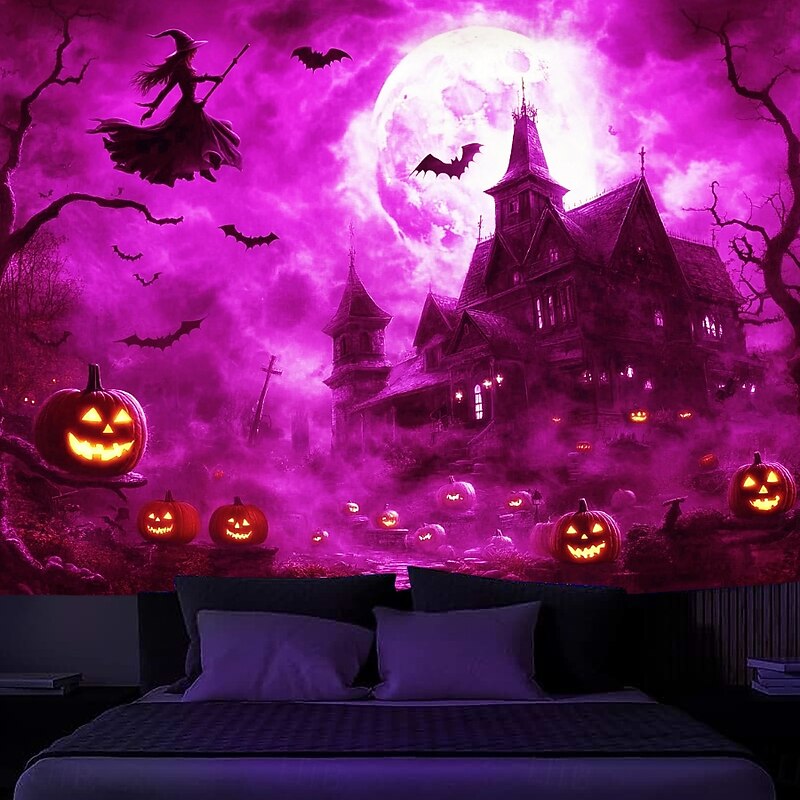 Halloween Decorations Blacklight Tapestry UV Reactive Glow in the Dark Glow Party Haunted House Psychedelic Trippy Misty Hanging Tapestry Wall Art Mural for Living Room Bedroom Witch Pumpkin