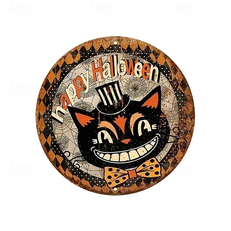 1pc Happy Halloween Quirky Black Cat Wreath Sign Round Decor For Home, Kitchen, Garden & Office