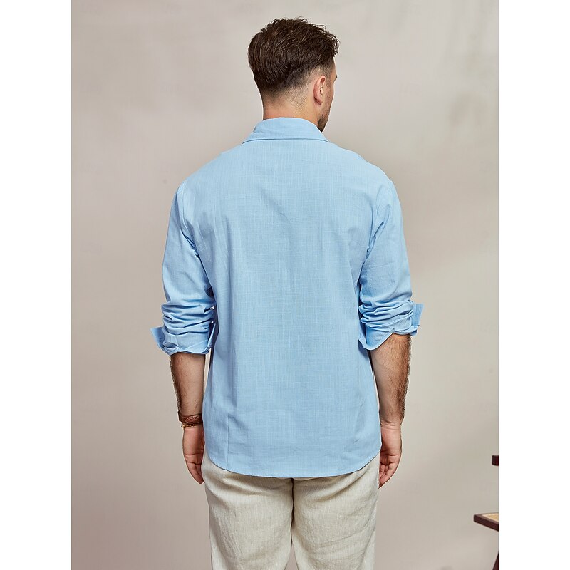 Men's Shirt Summer Shirt Beach Wear Casual Shirt Cotton Linen Shirt Button Up Shirt Plain Vacation Casual Blue Long Sleeve Lapel Spring & Summer Clothing Apparel Pocket3