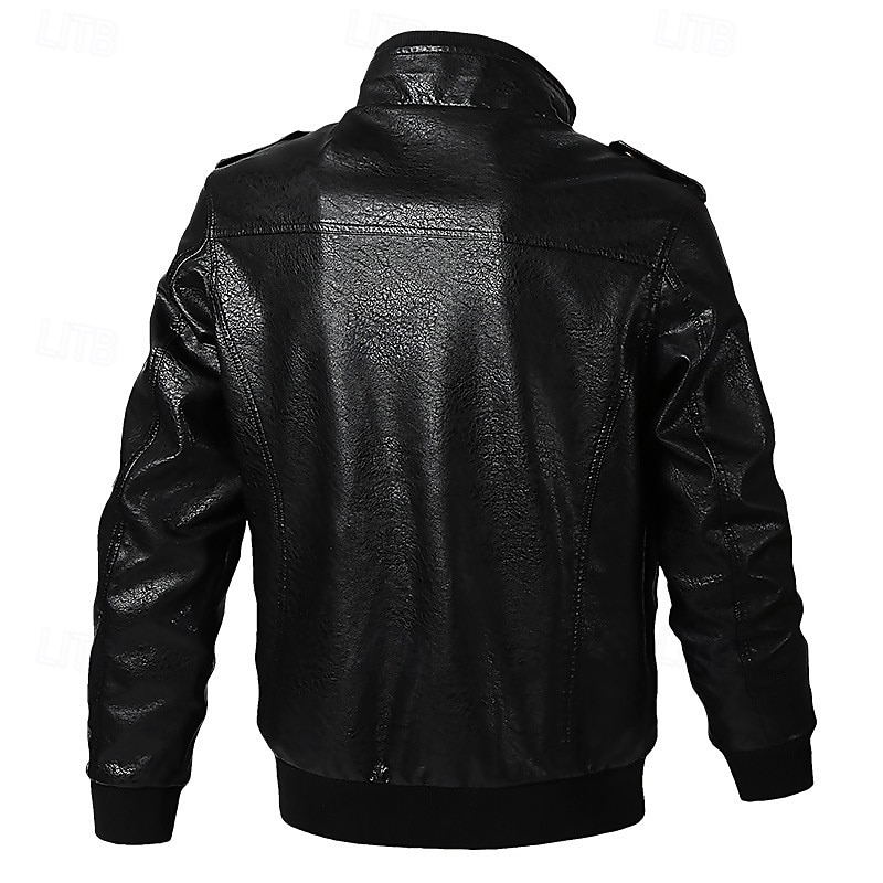Men's Faux Leather Jacket Bomber Jacket Transition Jacket Biker Jacket Vacation Daily Windproof Warm Pocket Fall & Winter Plain Fashion Classic Stand Collar Regular Faux Leather Black Green Coffee4