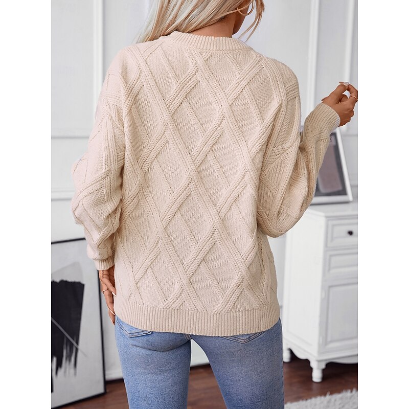 Women's Sweater Casual Solid Color Geometric Crew Neck Knitted Long Sleeve Long Tops Knit Work Black Beige Fall Winter3