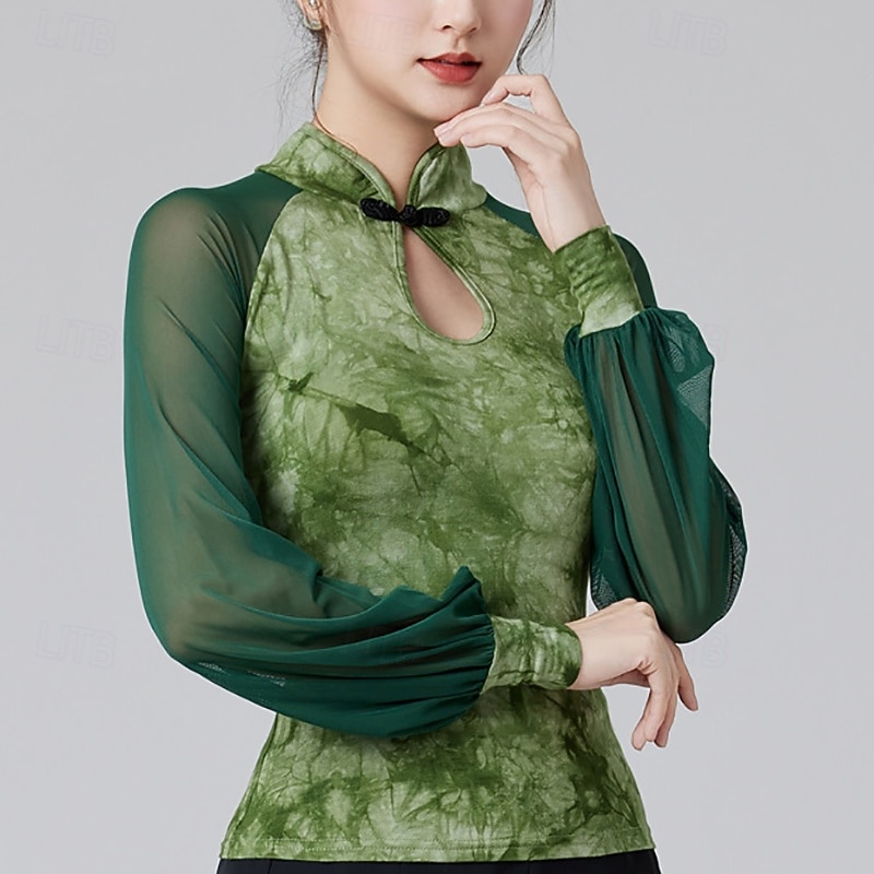 Latin Dance Top Printing Splicing Tulle Women's Performance Training Long Sleeve High Polyester