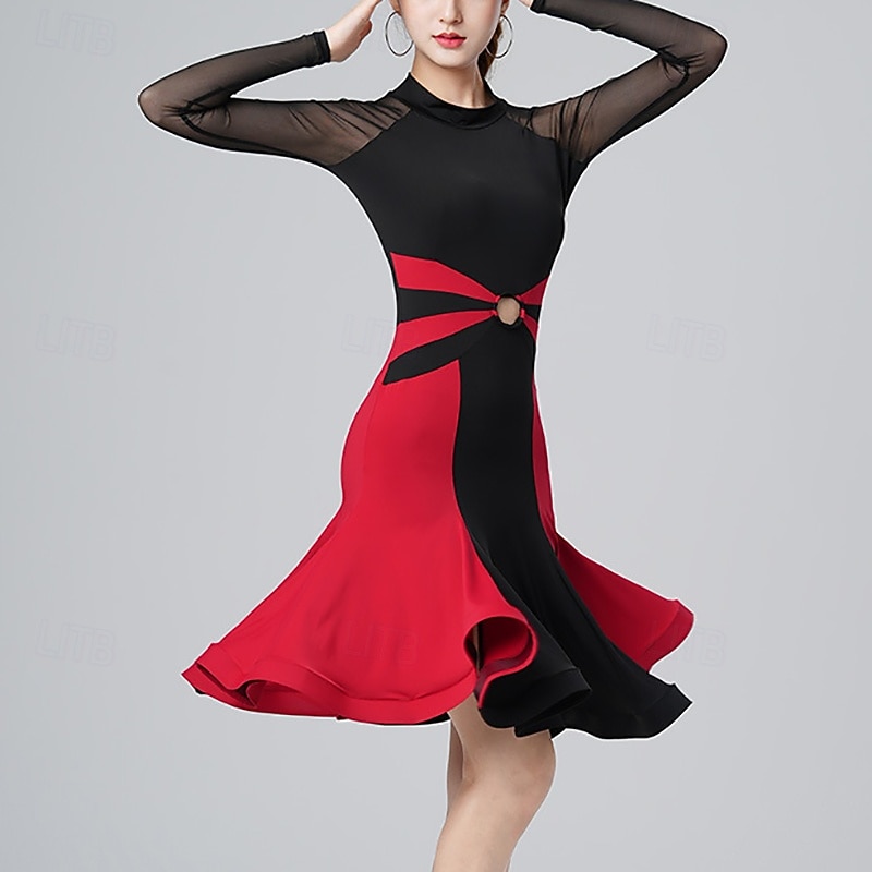 Latin Dance Dress Pure Color Splicing Tulle Women's Performance Training Long Sleeve High Polyester