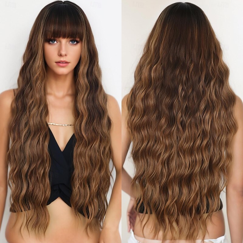 Long Wigs with Bangs Wigs for Women Wig Synthetic Curly Wavy Heat Resistant Wigs for Daily Party Use4