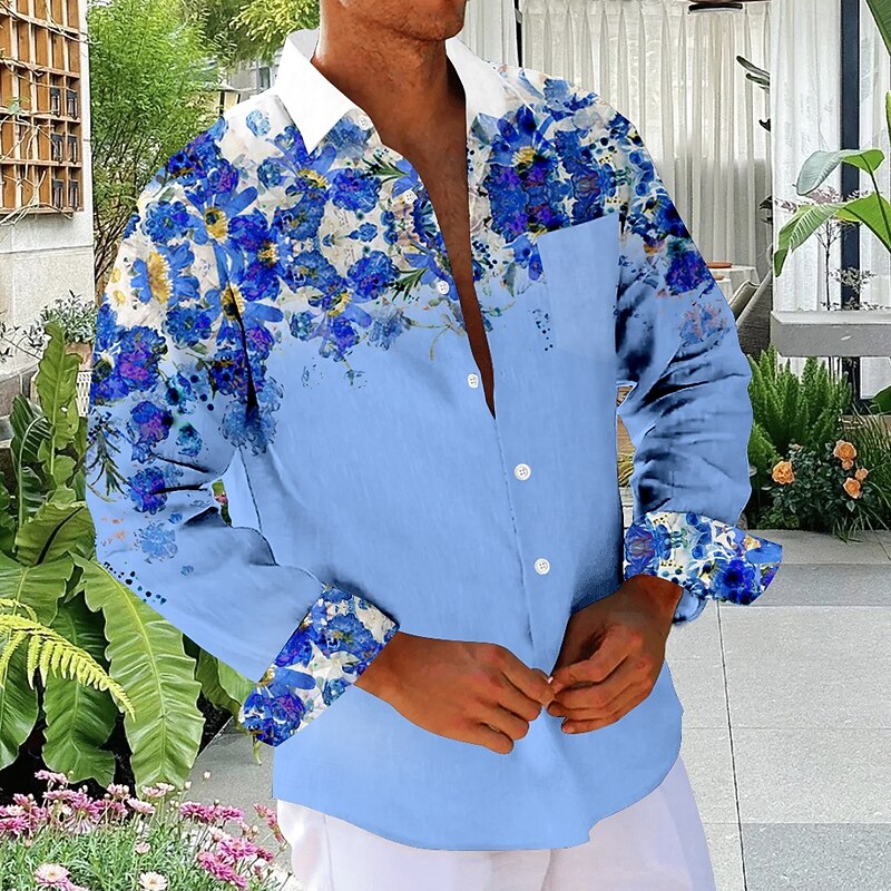 Men's Floral Beach Shirt Button Up Shirt Long Sleeve Hawaiian Vacation Daily Fall Winter Spring & Summer Collared Shirts 3D Print Blue Fuchsia Green