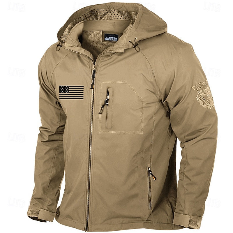 Men's American US Flag Jacket Raincoat Shell Jacket Waterproof Rain Waterproof Lightweight Casual Sports Outdoor Camping & Hiking Embroidered Side Pockets Zip Front Fall Winter Hooded Long Sleeve2