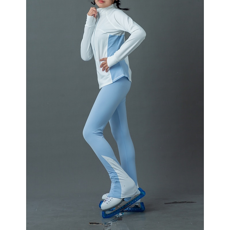 Figure Skating Fleece Jacket Figure Skating Pants Figure Skating Jacket with Pants Women's Girls' Ice Skating Jacket Tights Outfits Blue White Patchwork Thumbhole Spandex Stretchy Training Practice2