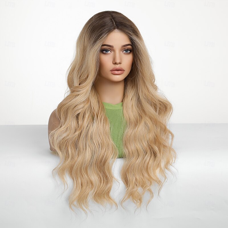 Synthetic Lace Wig Body Wave Style 26 inch Blonde Middle Part U Part Wig Women's Wig Golden Brown With Blonde4
