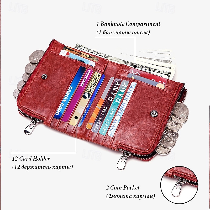Men's Wallet Credit Card Holder Wallet Leather Cowhide Office Shopping Daily Rivet Zipper Large Capacity RFID Blocking Solid Color Black Red Brown4