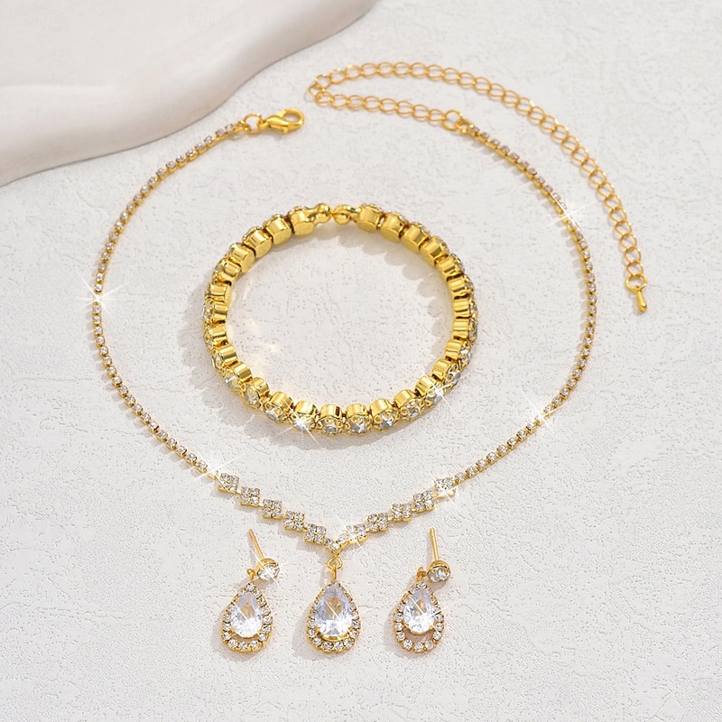 Bridal Jewelry Sets Three-piece Suit Imitation Diamond 1 Necklace 1 Bracelet Earrings Women's Classic Sweet Lovely Classic Love Precious Diamond Water Drop Jewelry Set For Wedding Gift4