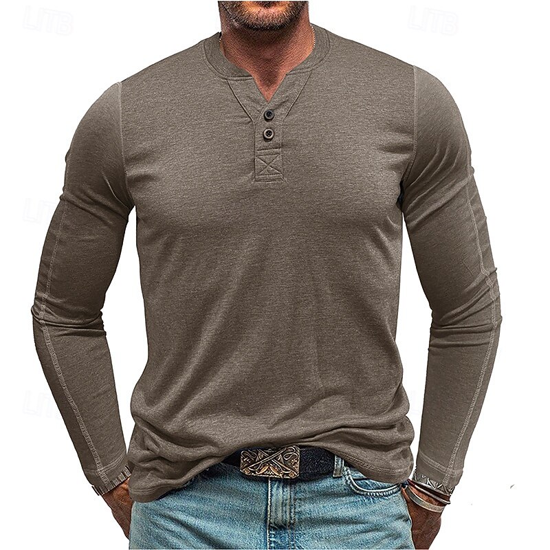Men's Button T Shirt T Shirt Henley Shirt Tee Long Sleeve Henley Spring &  Fall Plain Fashion Designer Basic Vacation Street Going out Lake blue Wine Blue Top Tee for Men