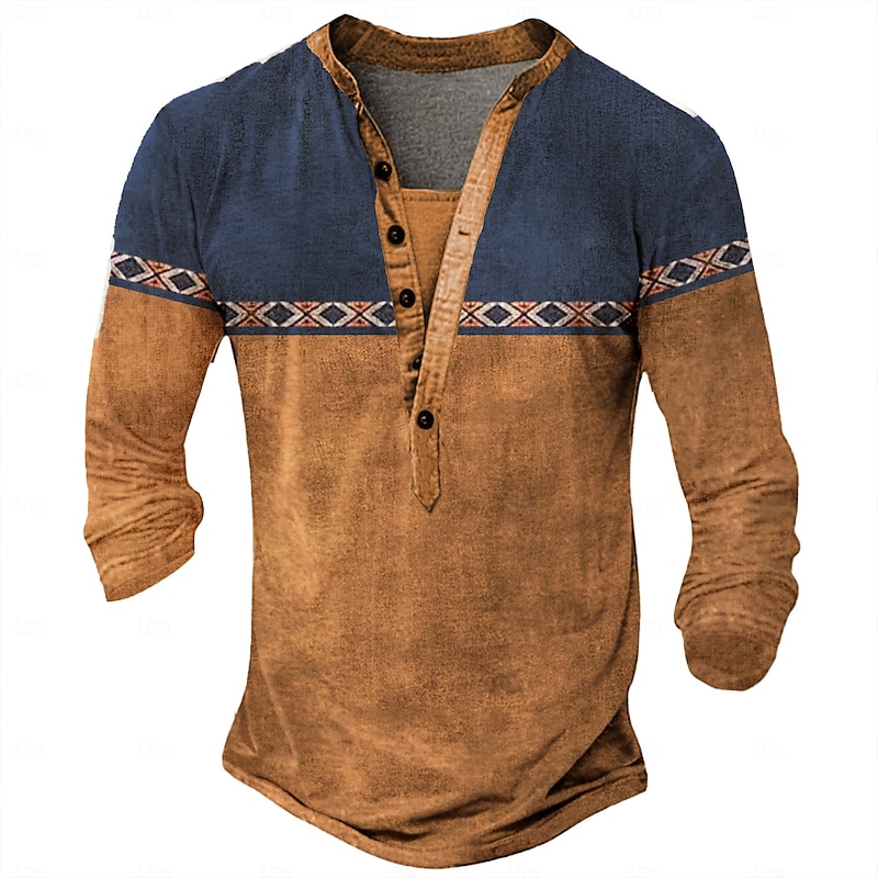Men's Tribal T Shirt Henley Shirt Long Sleeve 3D Print Designer Retro Vintage Street Casual Daily Summer Spring Fall Dark Brown Black Blue Brown Green Henley Henley T-Shirt