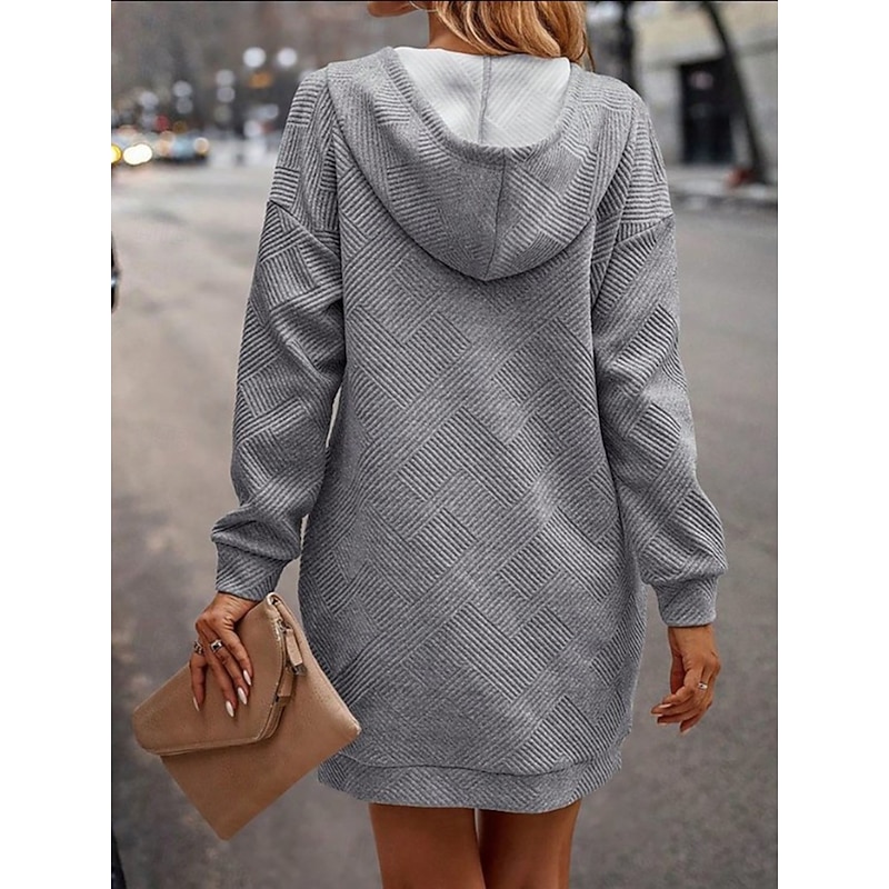 Women's Shift Dress Midi Dress Drawstring Casual Crew Neck Long Sleeve Black Khaki Beige Color2