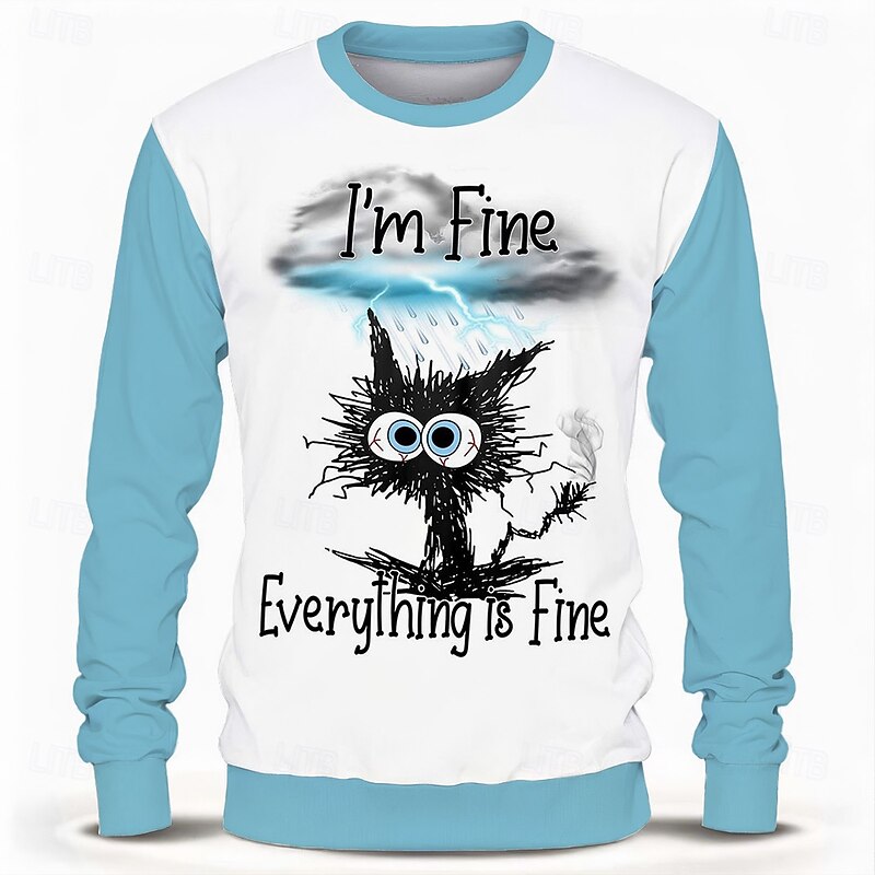 Men's Long Sleeve Graphic Sweatshirt, Funny 'I'm Fine Everything is Fine' Stressed Cat Sarcastic Humor Pullover