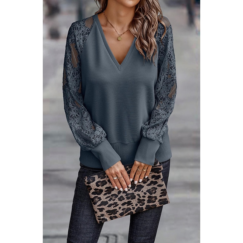 Women's Blouse Stylish Modern Lace Long Sleeve Regular Tops V Neck Work Daily Dark Gray Spring Fall3