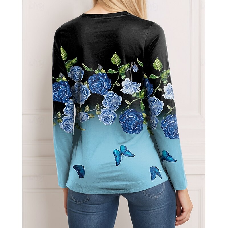 Halloween Women's T shirt Crew Neck Long Sleeve Tunic Ombre Casual Round Neck Regular Tops Daily Print Yellow Pink Blue Dusty Blue Green Spring Fall2