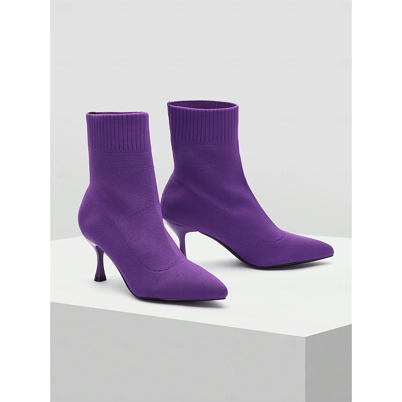 Elegant Women's Purple Knit Ankle Boots with Pointed Toe and Kitten Heel - Ideal for Parties and Casual Outings3