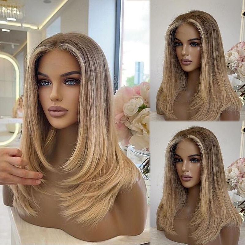 Remy Human Hair 13x4 Lace Front Wig Bob Middle Part Brazilian Hair Silky Straight Blonde Multi-color Wig 130% 150% Density Ombre Hair Highlighted / Balayage Hair Natural Hairline Pre-Plucked For Women